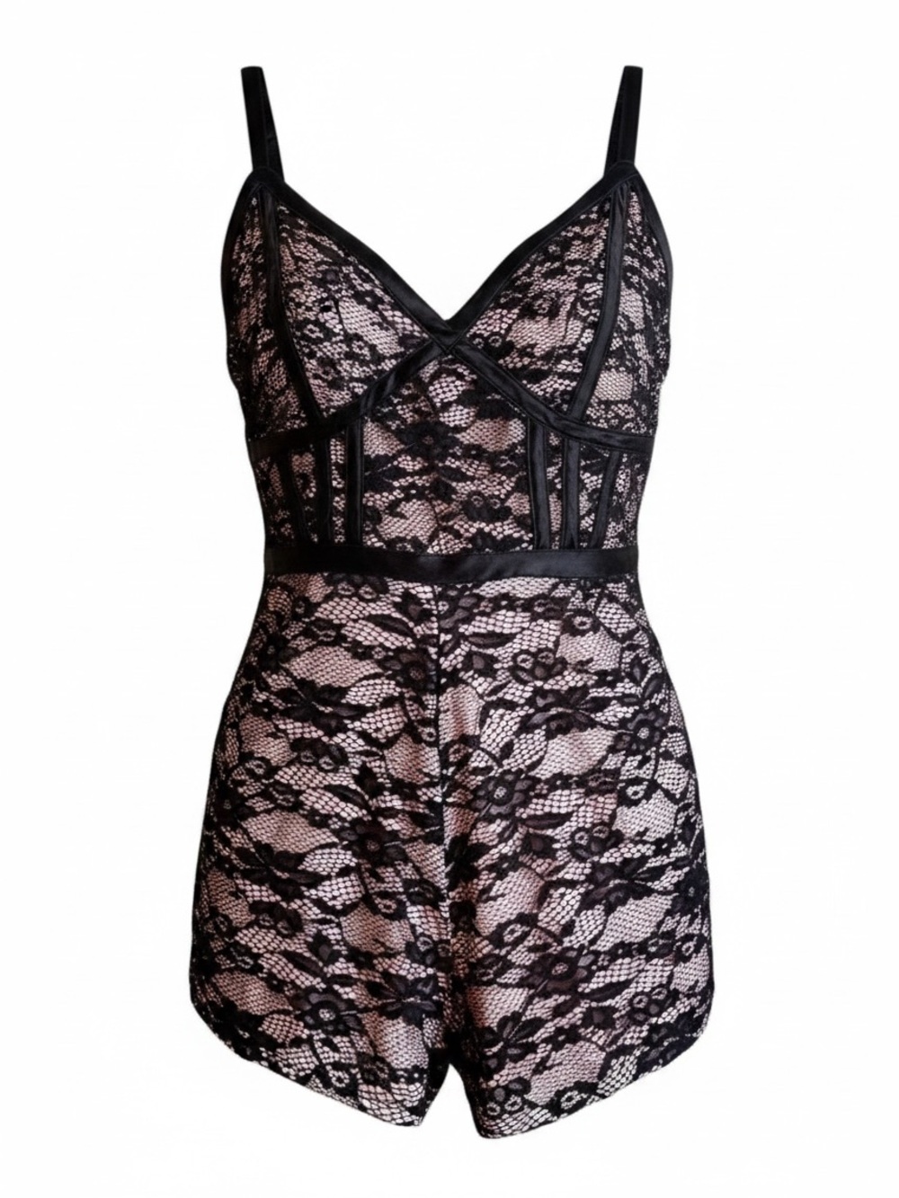 Vintage 90s Bebe Black Lace Romper Pink Lining Gothic Coquette M